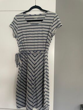 L.L. Bean Navy and Gray Striped Tie-Waist Midi Dress
